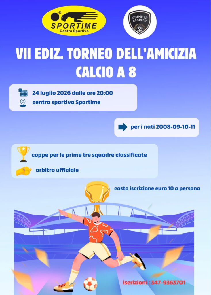 Il 24 luglio 2026 torna il Torneo dell’Amicizia Sportime di calcio a 8, dedicato ai nati dal 2008 al 2011. Scopri come partecipare.